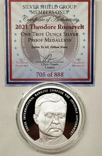 1oz 2021 Silver Shield Proof Theodore Roosevelt Silver Round President 25th