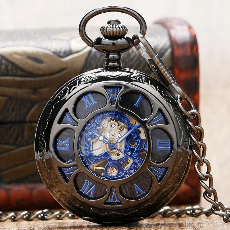 Mens Skeleton Pocket Watch Mechanical Luxury with Chain Steampunk Watches  Gifts