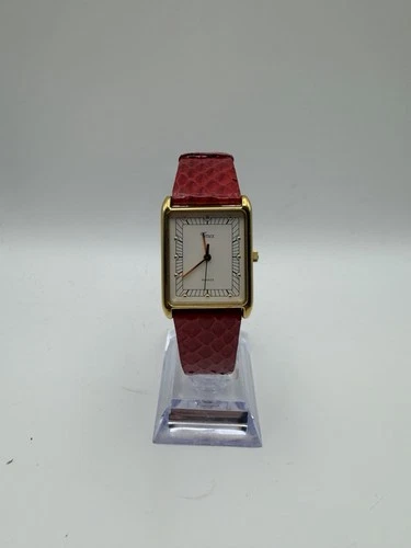 Vintage Timex Quartz Rectangle Gold Tone Red Leather Strap Needs Battery