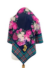 AS10 Vintage Floral Tartan Border Scarf Navy Pink Roses Plaid Square Retro Wrap