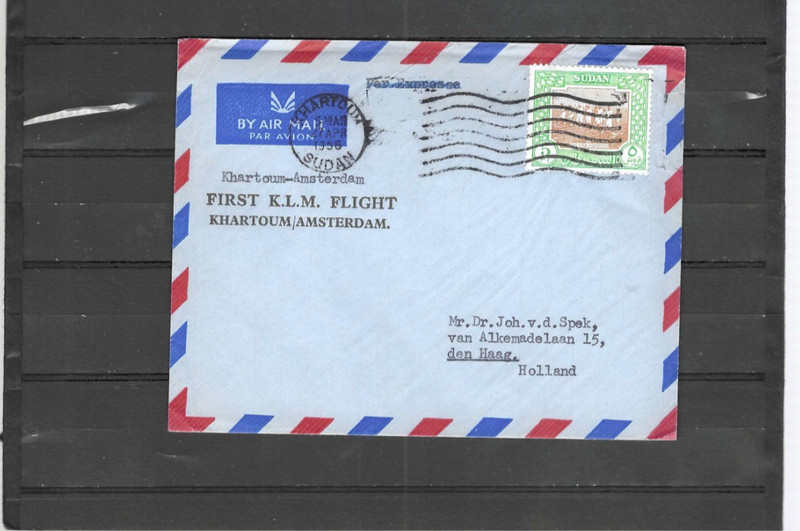 SUDAN AIR COVER 1956 FIRST FLIGHT KLM KHARTOUM CANCEL!! F VF #670