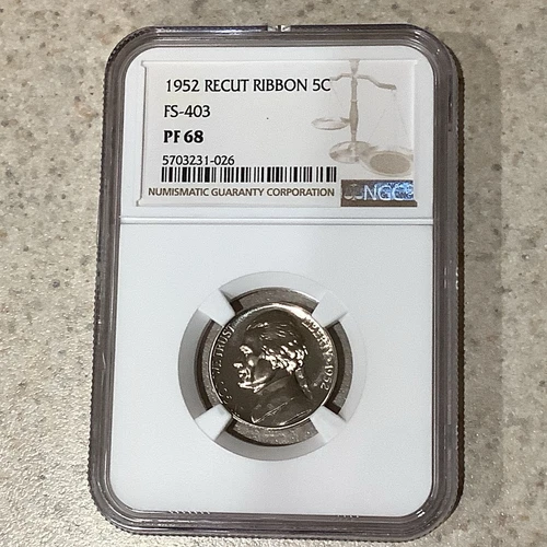 1952 Recut Ribbon 5C FS-403 Proof Jefferson Nickel NGC PF 68
