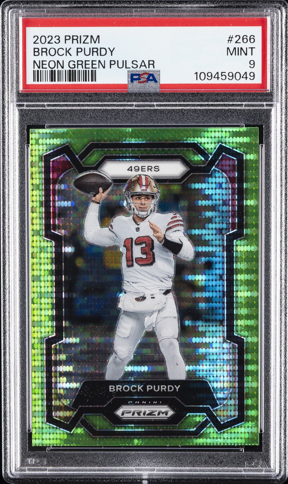 2023 PANINI PRIZM NEON GREEN PULSAR #266 BROCK PURDY PSA 9
