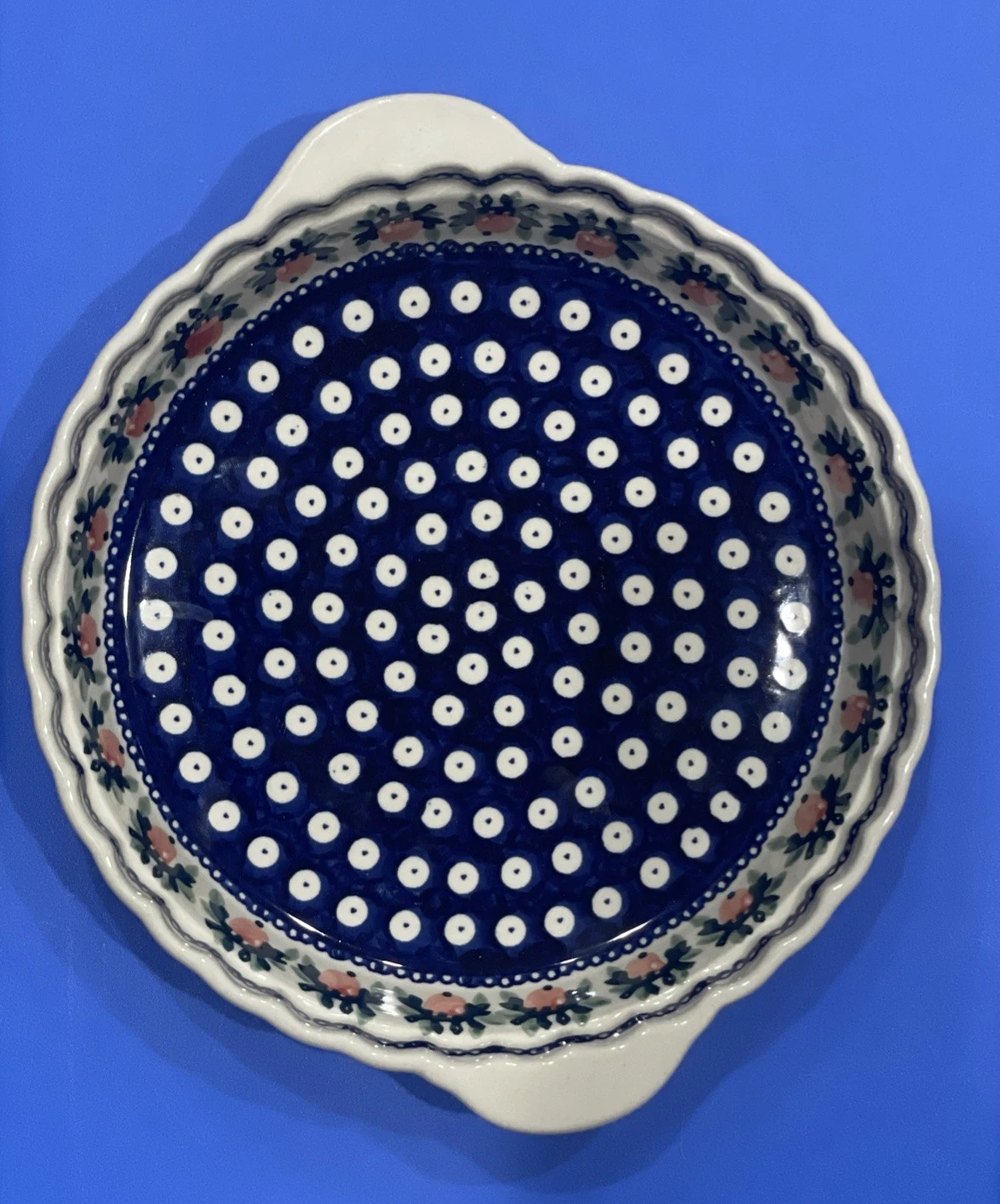 Vintage Boleslawiec Polish Pottery Pie Dish / Pan 10” Blue Peacock