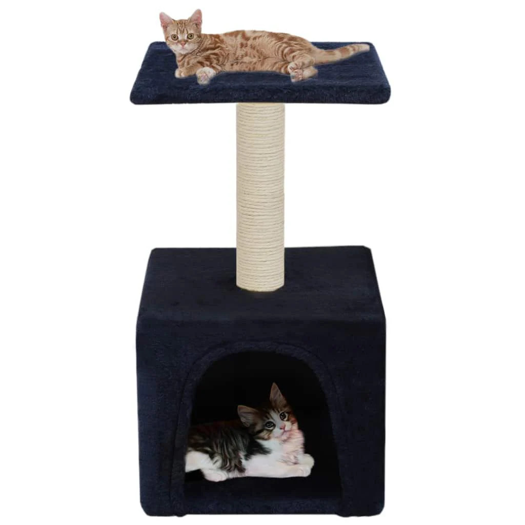 Griffoir grattoir pour chat avec niche et jouet suspendu bleu 55cm