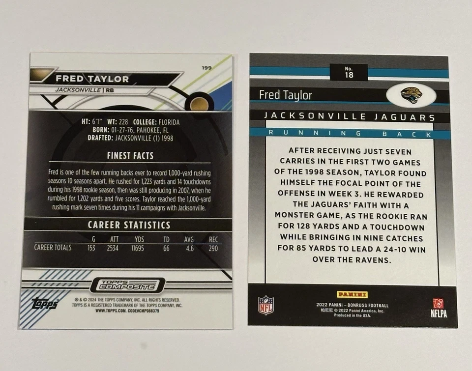 Fred Taylor Jaguars Card Lot (2) – 2002 Donruss & 2022 Topps Finest Holo Legend - Image 4 of 4