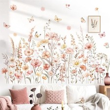 Watercolor Boho Flowers Wall Decals Wildflower Floral Grass Plants Butterfly