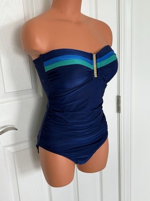 La Blanca 10 Navy Multi Bandeau Soft Cup 1 Pce Swimsuit NWOT 
