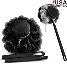 Ergonomic Long Handle Shower Back Scrubber W/ Bamboo Charcoal Exfoliating Brush