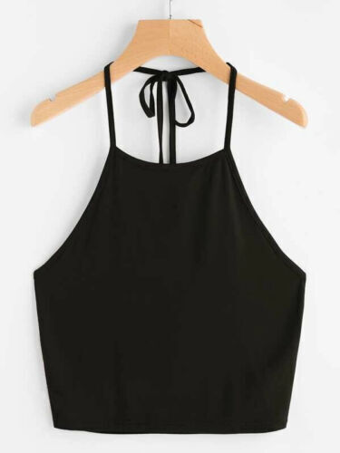 Halter Neck Crop Top Women Sleeveless Tie Back Casual Streetwear Shirt" - Picture 3 of 14