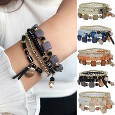 4Pcs/set Multilayer Crystal Beaded Heart Charm Boho Bracelet Bangle Jewelry Gift