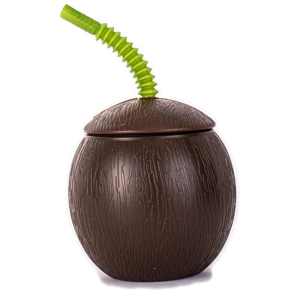 2 Pack Luau Coconut Shape Resuable 18 oz. Party Cups w Straw, Brown - Image 2 of 4