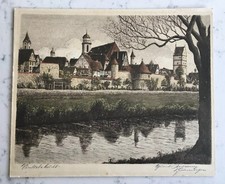 ANTIQUE PENCIL SIGNED HAND COLORED ETCHING GERMAN EUROPEAN VILLAGE SCENE UNKNOWN