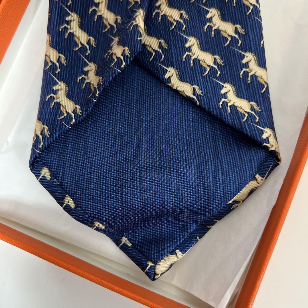 【エルメス】 ロゴリボン柄 サスペンダー ネイビー ヴィンテージ Hermes Tie Unicorn Pattern Dot Blue Silk Total Length 150cm
