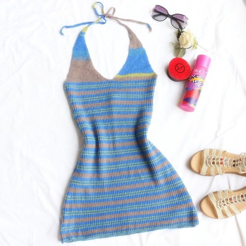 Blue Striped Knit Halter Mini Dress 