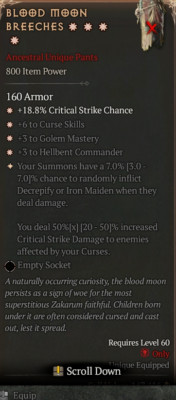 Diablo 4 Season 7 4GA Blood Moon Breeches special affix max roll 7%