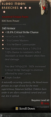Diablo 4 S9 Season 9 Blood Moon Breeches 4GA special affix max roll 7% - 第 1/1 張圖片