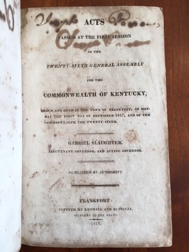 RARE 1818 Laws Commonwealth of KENTUCKY, Frankfort, KY Lottery, Gov. Slaughter