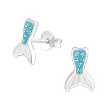 925 Sterling Silver Crystal Aqua Bohemica Mermaid Tail Kids Girls Stud Earrings