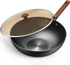 Padella Wok Padella con Coperchio Acciaio al Carbonio Wok Senza Rivestimento Chimico