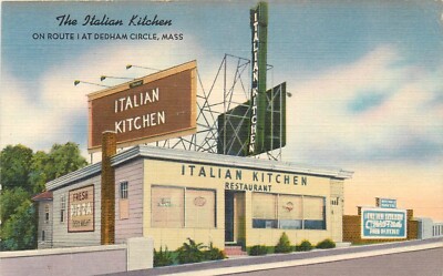 1940s Dedham Massachusetts The Italian Kitchen restaurant linen Postcard 25-1524