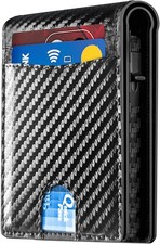 Cartera con bloqueo RFID de fibra de carbono portatarjetas emergente bolsillo frontal delgado para hombres negra