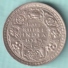 BRITISH INDIA 1943 KING GEORGE VI HALF RUPEE RARE SILVER COIN