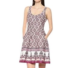 Nine West Fit & Flare Dress 6 Pink Purple Paisley Medallion Pockets Cotton