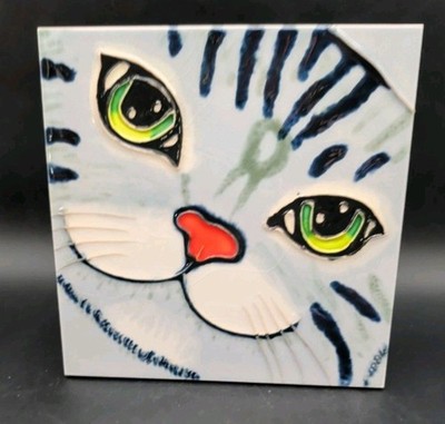 Vtg Cat Art Tile 7.75'' Gray Tabby Green Eyes