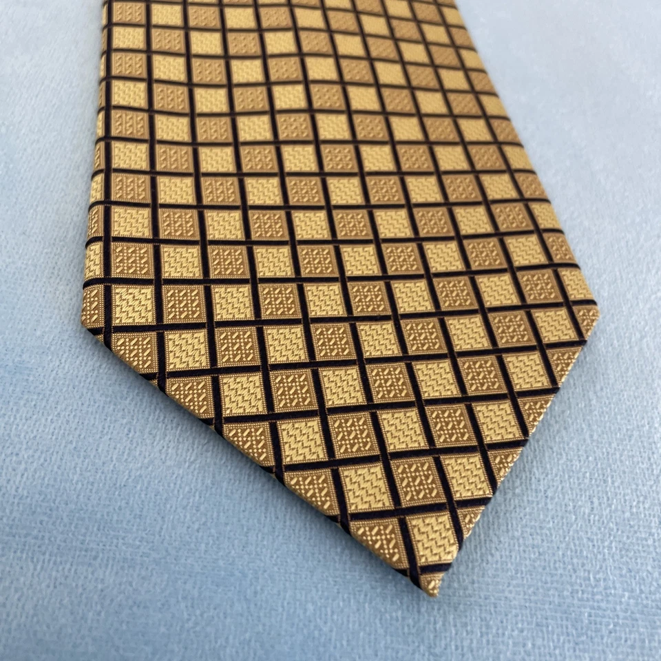 Corbata de seda vintage Valerio Garati hecha a mano dorada negra a cuadros barroca caja Mob 4x60 Foto 3 de 4