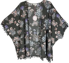 NEW Umgee Fringe Kimono Top M L Green Brown Pink Purple Blue Floral Pom Pom NWT
