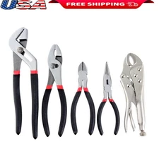 5 Piece Pliers Set W/ Locking Jaw Slip Joint Long Nose Non Slip Handles New