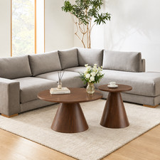 Round Nesting Coffee Table Set of 2,Modern Walnut Wood Side Tables with Water-Re