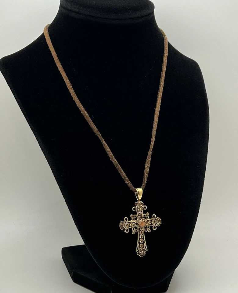 Lia Sophia Cross Crystal Rhinestone Pendant With Brown Leather Cord Necklace - Image 2 of 4
