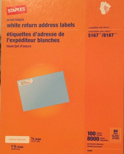 Staples® Tintenstrahl/Laser Rücksendeadresse Etiketten 10.400 weiße Etiketten 130 Blatt LESEN - Bild 1 von 3