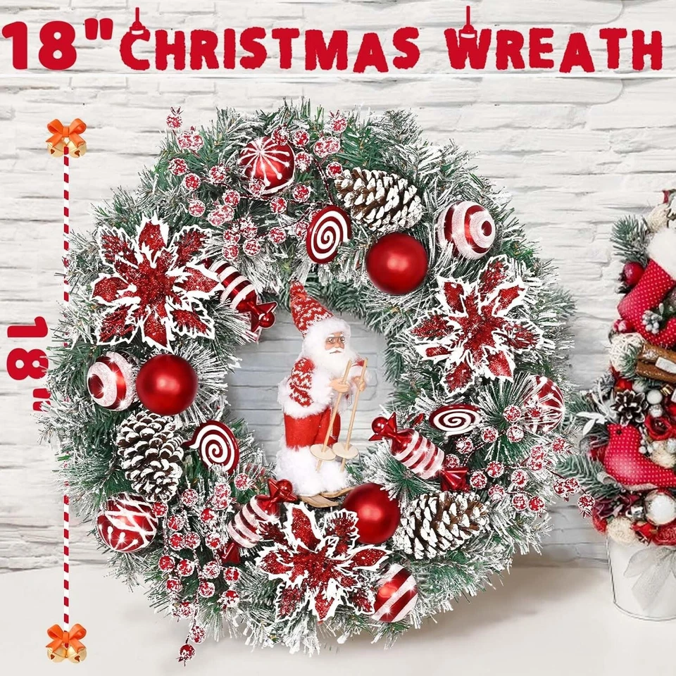 Christmas Wreaths for Front Door, 2 Pack 18" Santa Skiing Poinsettias w/ Lights - Image 2 of 4
