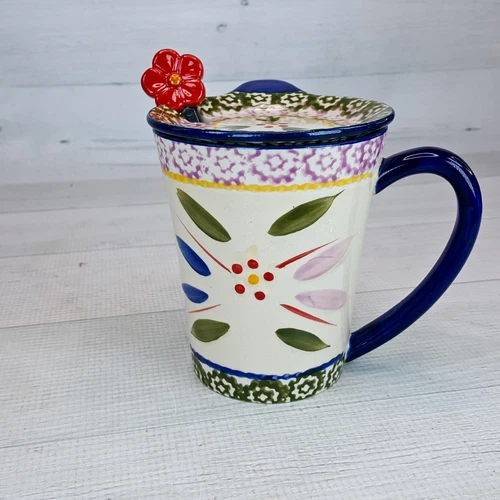 TEMPTATIONS Old World Oven Ware Coffee Mug Cup w Coaster Lid & Spoon Floral