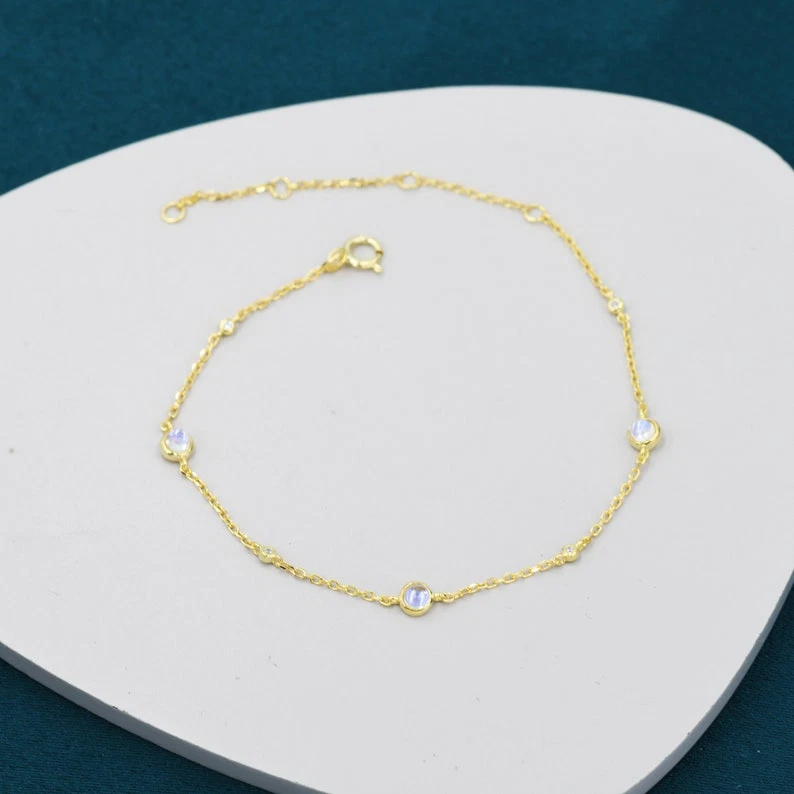 Blue Fire Rainbow Moonstone Chain Bracelet 925 Silver Handmade Bracelet For her - Image 3 of 4