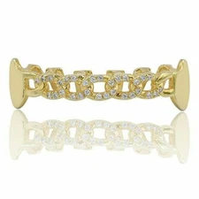 Hip Hop 14K Gold Plated Teeth Cuban Link Lower Fangs Lab Diamond Grillz w Molds