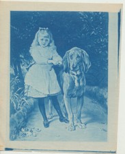 CYANOTYPE OF PAINTING OF YOUNG GIRL   HOUND DOG