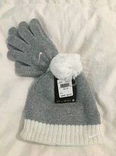 NEW Nike Girl  s White Silver Glitter Pom Knit Beanie Hat and Gloves Set 4 - 6x