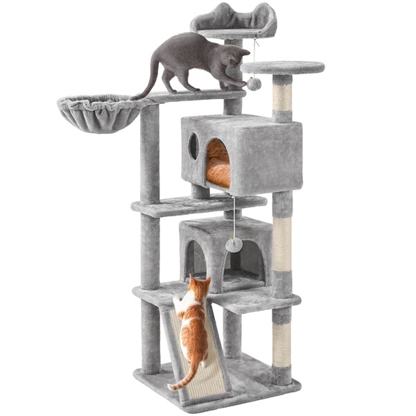 144.5cm Cat Tree Tall Cat Tower with Condos, Scratching Post and Ladder, Grey