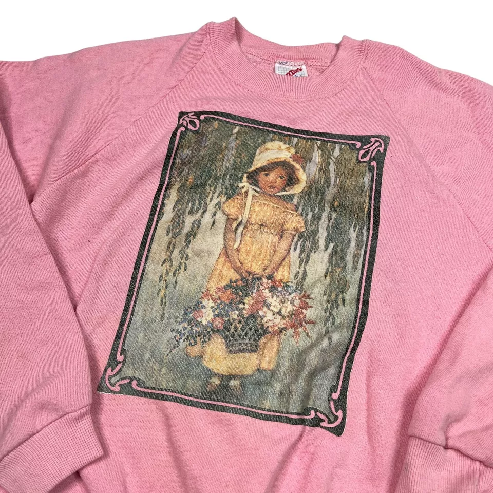 Vintage 80s Pink Crewneck Raglan Sweatshirt Girl Garden Flower Youth Large 14/16 - Image 3 of 4