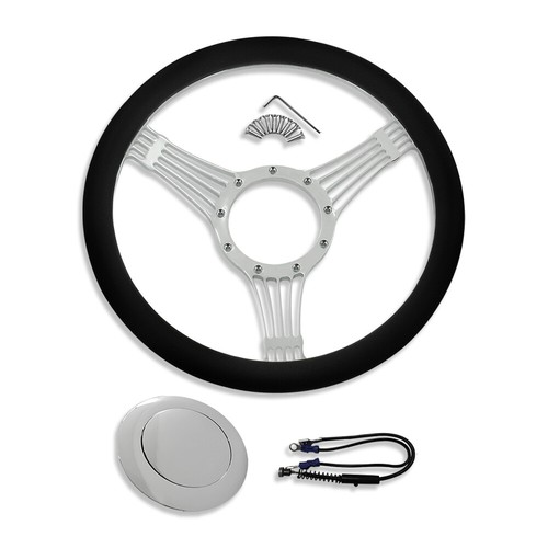 Chrome Banjo Style 14" Billet Steering Wheel w/ Half Wrap Leather & Horn Button