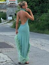 Irregular Feather Hem Long Dress Sleeveless Halter Dresses Evening Party Robes
