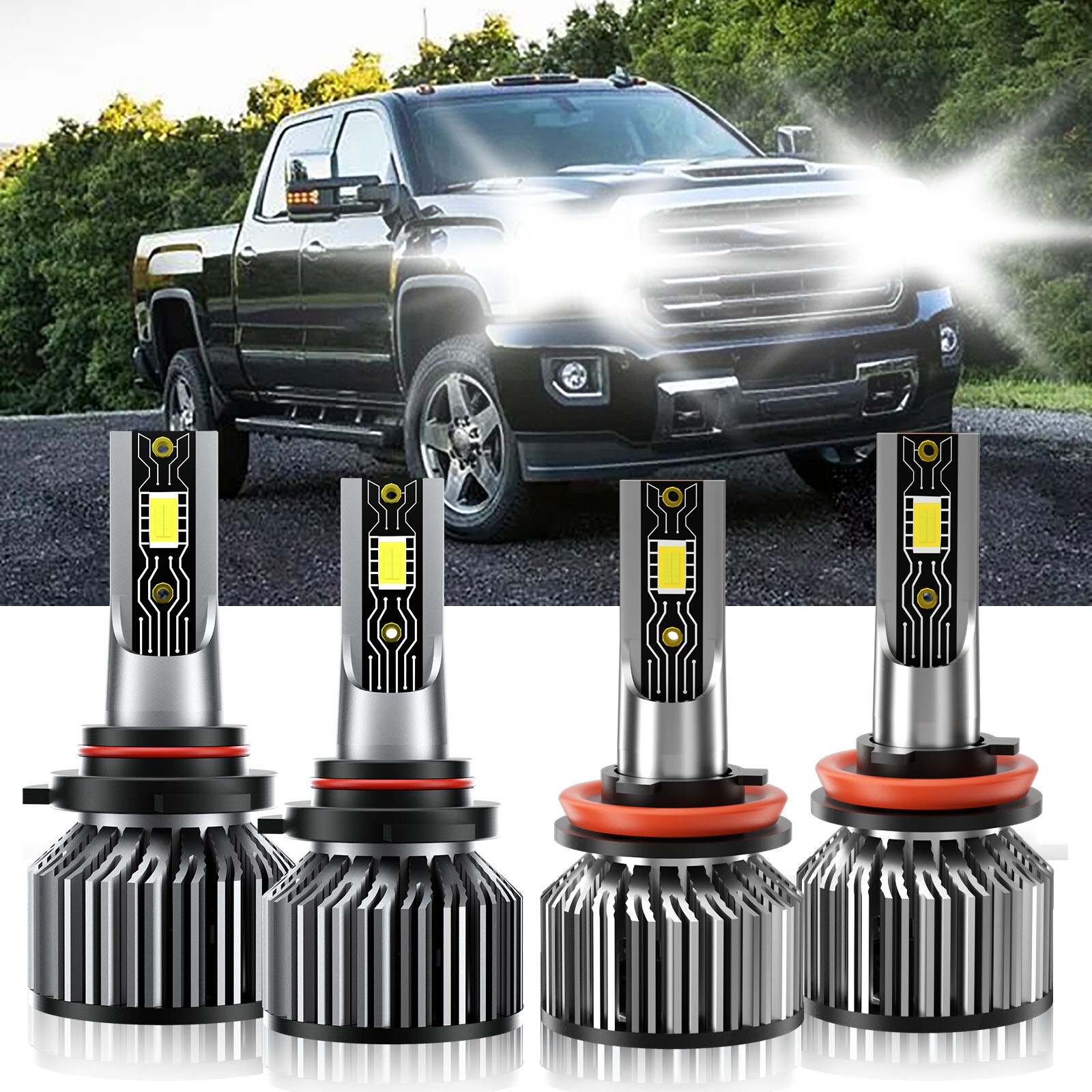 For GMC Sierra 1500 2007-2013 9005+H11 LED Headlight Bulbs High Low Beam 6500K