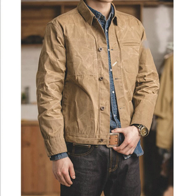 Mens Oil Wax Canvas Jacket Work Wear Japanese Wear-resistant Combat Coat  Classic