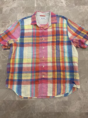 Tommy Bahama Mens Shirt L Plaid 100% Linen Short Sleeve Button Up Pastel Beach