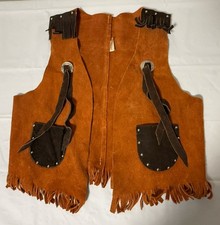 Vintage Kids Cowboy Vest Medium 5-6 Suede Leather Made In USA Western Fringe