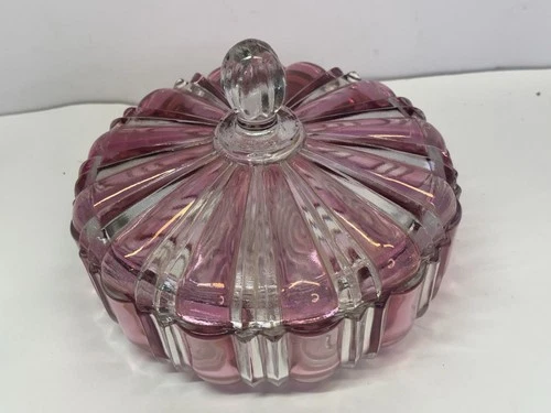 Anchor Hocking Vintage Old Cafe Cranberry/Pink  Striped Glass Candy Dish W/ Lid